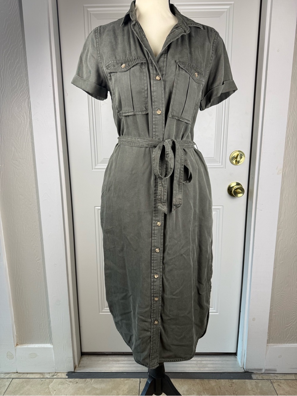 Lucky Brand Olive Green Button-Front Midi Shirt Dress
